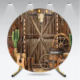 Aperturee - Aperturee Round Backdrop Western Cowboy Barn Door Cover Rustic Wood Bull Skull Circle Background Wild West Party Decoration