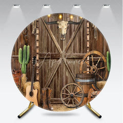 Aperturee - Aperturee Round Backdrop Western Cowboy Barn Door Cover Rustic Wood Bull Skull Circle Background Wild West Party Decoration