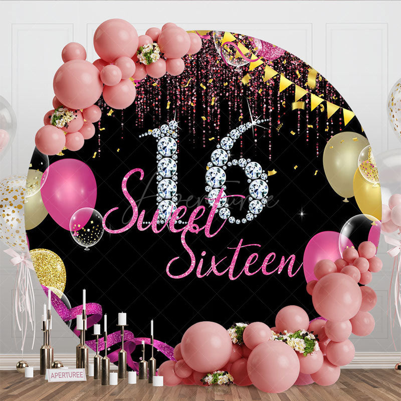 Aperturee - Aperturee Round Balloon Glitter Sweet 16 Birthday Backdrop