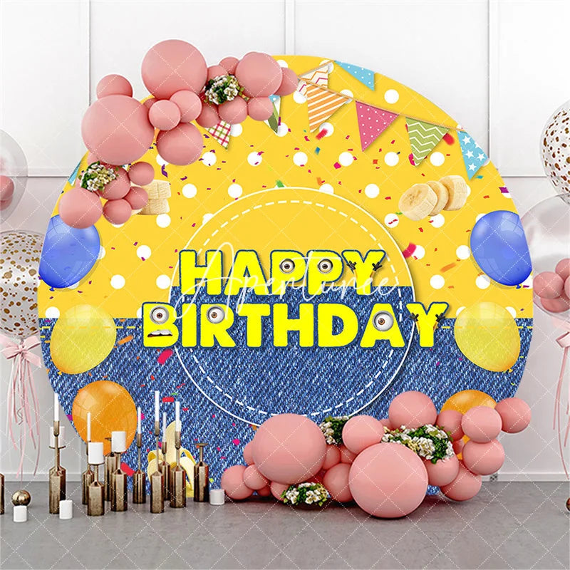 Aperturee - Aperturee Round Big Eyes Cartoon Birthday Backdrop Yellow Denim Jeans Theme with Bananas Confetti Bunting Flags for Kids Party