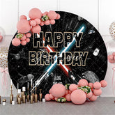 Aperturee - Aperturee Round Birthday Backdrop Cosmic Galaxy Adventure Theme Spaceships and Glowing Swords for Kids Party Decorations