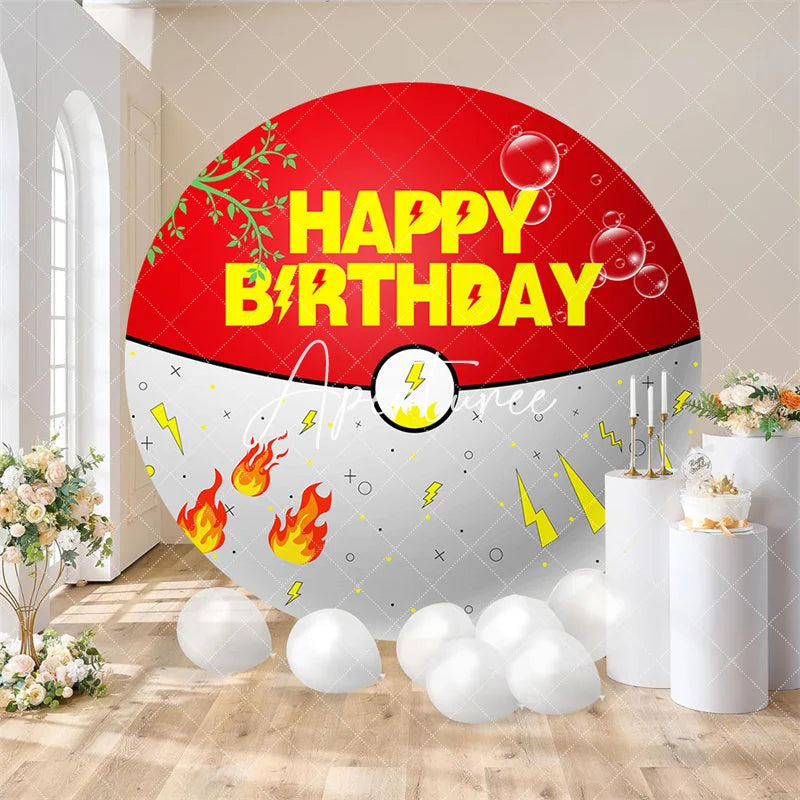 Aperturee - Aperturee Round Birthday Backdrop Red and White Adventure Ball Design Lightning Flames Leaves and Bubbles