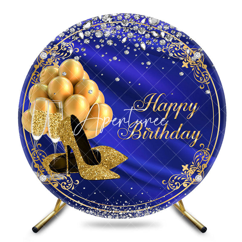 Aperturee - Aperturee Round Blue Gold Balloon Highheels Birthday Backdrop