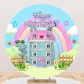 Aperturee - Aperturee Round Happy Birthday Backdrop Cartoon Cat House Rainbow Garden Pastel Pink Blue Dollhouse Theme for Girls Party