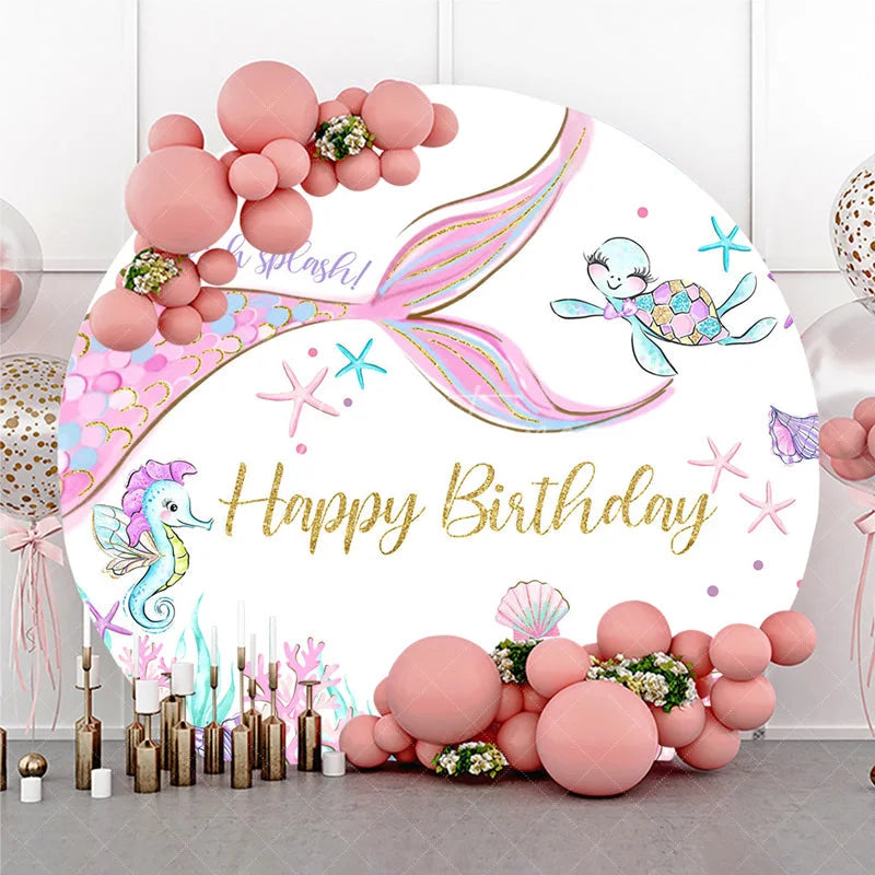 Aperturee - Aperturee Round Mermaid Birthday Backdrop Underwater Sea Life Party Supplies for Girls Birthday