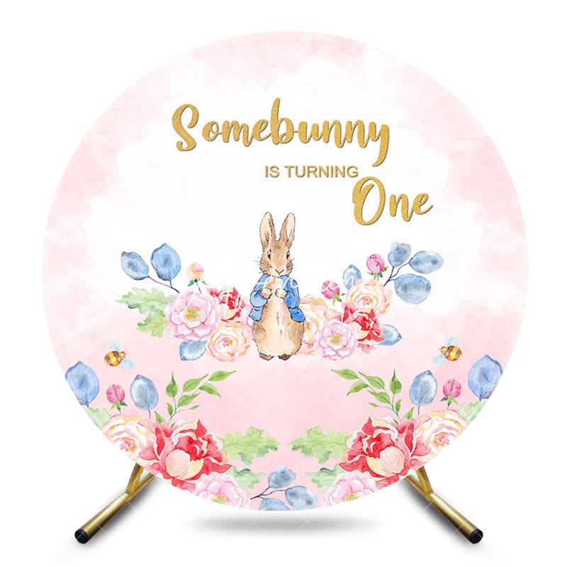 Aperturee - Aperturee Round Pink Floral Somebunny Is Turning One Backdrop
