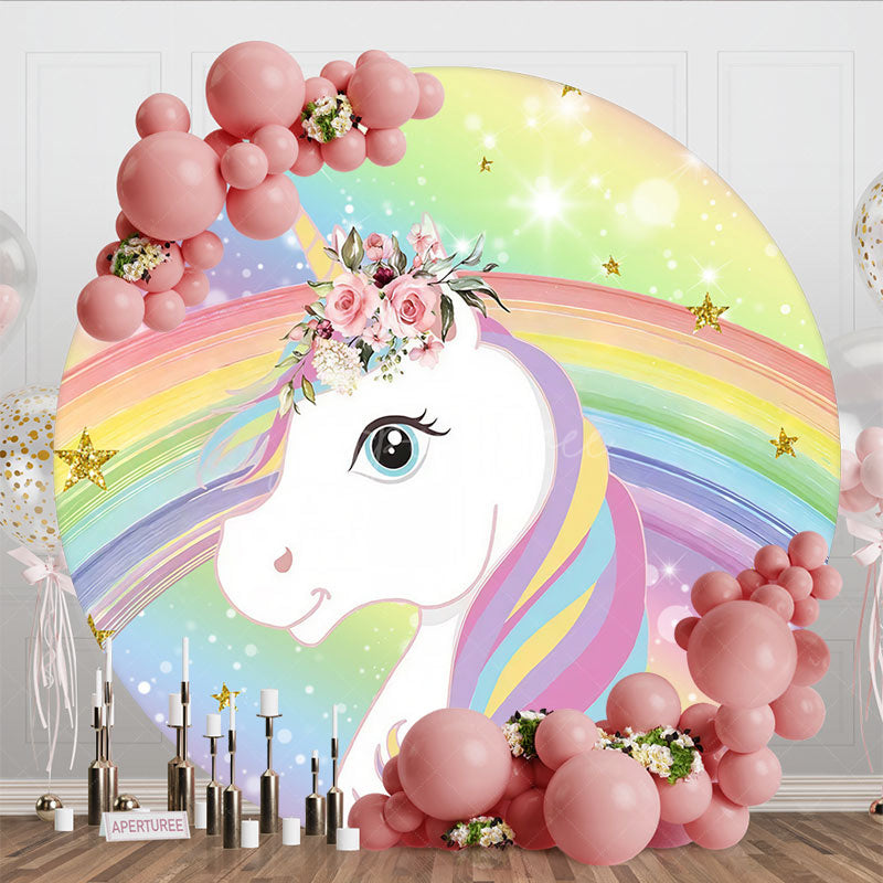 Aperturee - Aperturee Round Rainbow Unicorn And Floral Birthday Backdrop