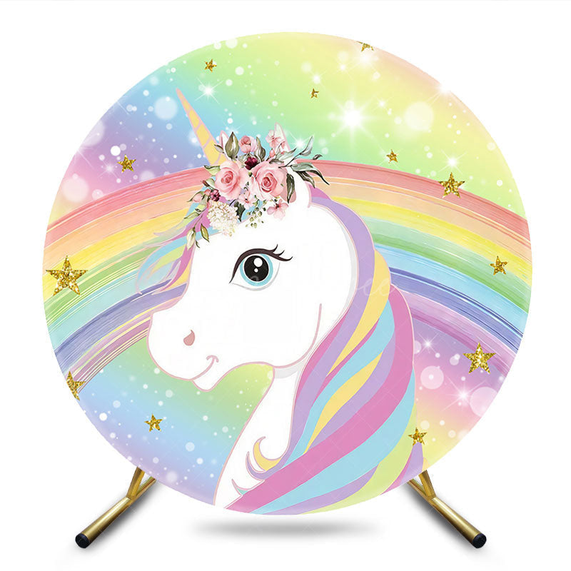 Aperturee - Aperturee Round Rainbow Unicorn And Floral Birthday Backdrop