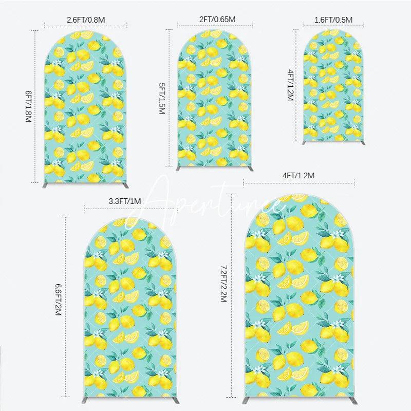 Aperturee - Aperturee Round Top Arch Backdrop with Vibrant Watercolor Lemon and Green Leaf Fresh Summer Party Decor