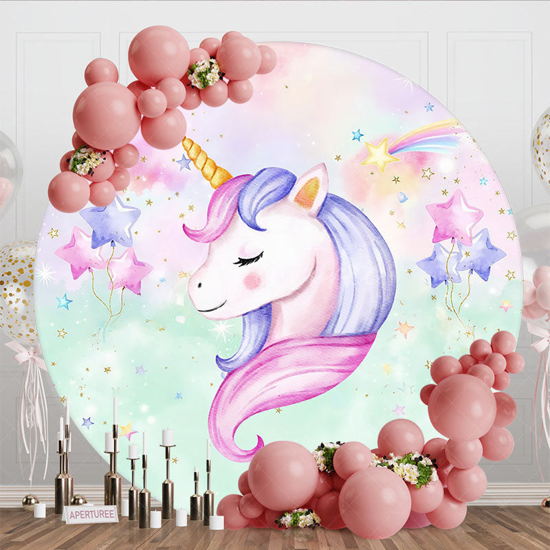 Aperturee - Aperturee Round Unicorn Cartoon Star Balloon Birthday Backdrop