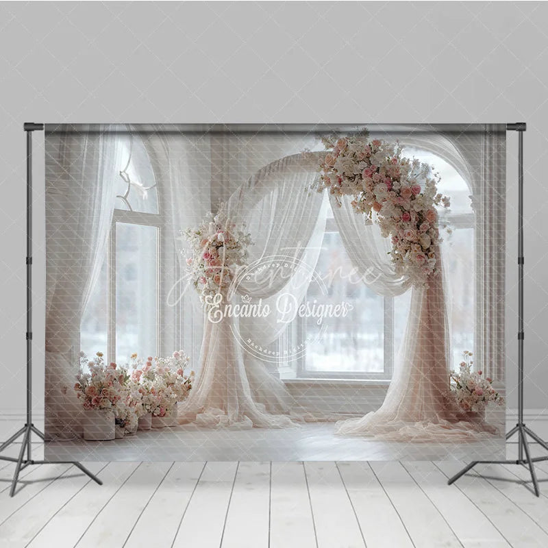 Aperturee - Aperturee Round Wedding Arch Backdrop White Room with Arch Window Pink Rose Floral Decor for Bridal Shower