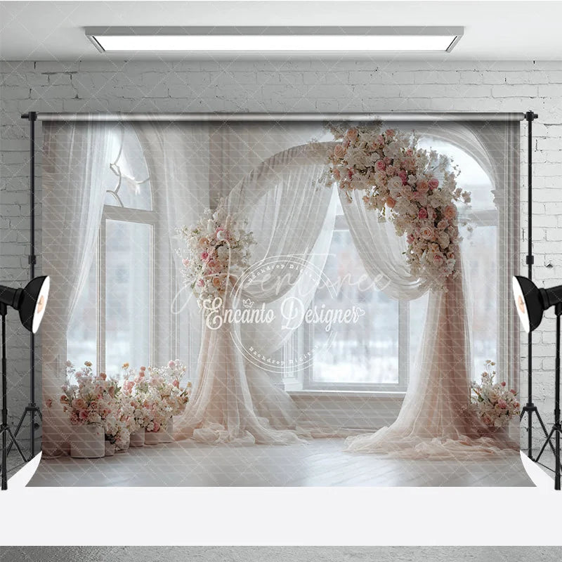 Aperturee - Aperturee Round Wedding Arch Backdrop White Room with Arch Window Pink Rose Floral Decor for Bridal Shower