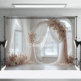 Aperturee - Aperturee Round Wedding Arch Backdrop White Room with Arch Window Pink Rose Floral Decor for Bridal Shower