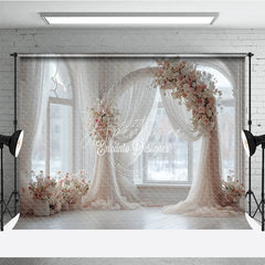 Aperturee - Aperturee Round Wedding Arch Backdrop White Room with Arch Window Pink Rose Floral Decor for Bridal Shower