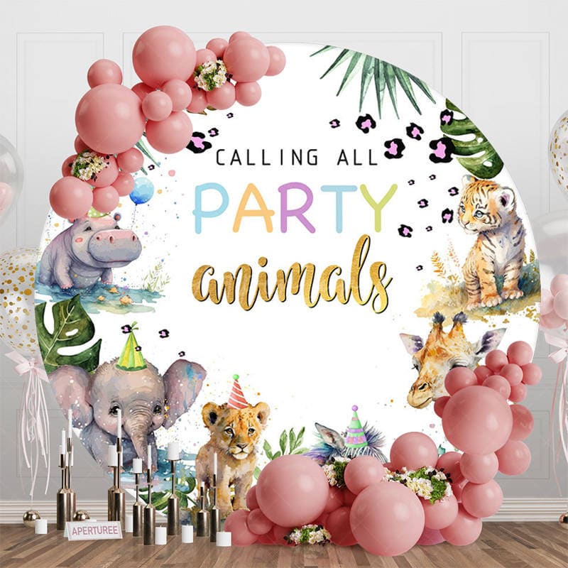 Aperturee - Aperturee Round Wild Animals Happy Birthday Party Backdrop