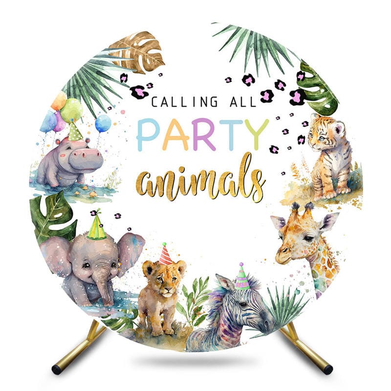 Aperturee - Aperturee Round Wild Animals Happy Birthday Party Backdrop