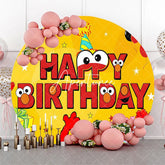 Aperturee - Aperturee Round Yellow Birthday Backdrop Red Monster Character Party Decor with Gifts and Balloons for Kids
