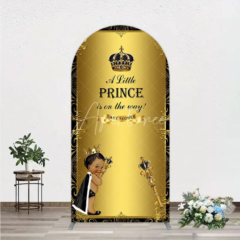Aperturee - Aperturee Royal Black Gold Baby Shower Arch Backdrop Little Prince Party Decoration African American Boy Crown Background