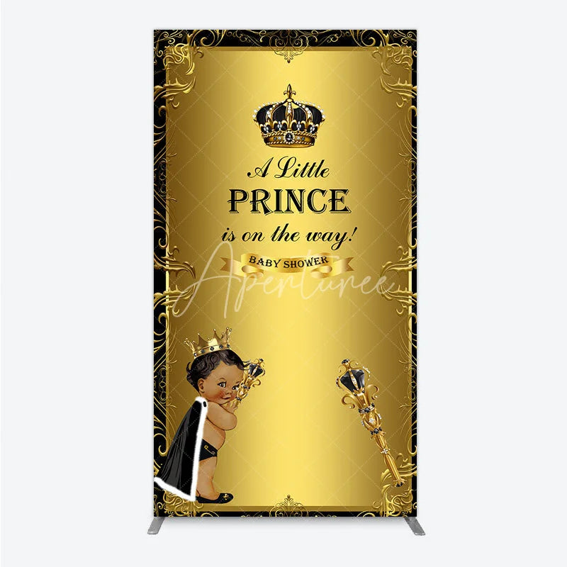 Aperturee - Aperturee Royal Black Gold Baby Shower Rectangle Backdrop Little Prince Party Decoration African American Boy Crown Background