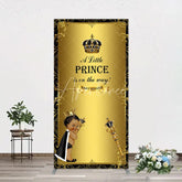 Aperturee - Aperturee Royal Black Gold Baby Shower Rectangle Backdrop Little Prince Party Decoration African American Boy Crown Background