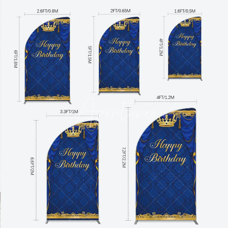 Aperturee - Aperturee Royal Blue and Gold Crown Happy Birthday Half Moon Arch Backdrop Kit Elegant Prince Party Decor