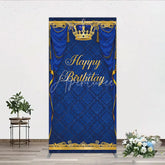 Aperturee - Aperturee Royal Blue and Gold Crown Happy Birthday Rectangle Backdrop Kit Elegant Prince Party Decor