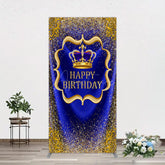 Aperturee - Aperturee Royal Blue Gold Glitter Crown Birthday Rectangle Backdrop