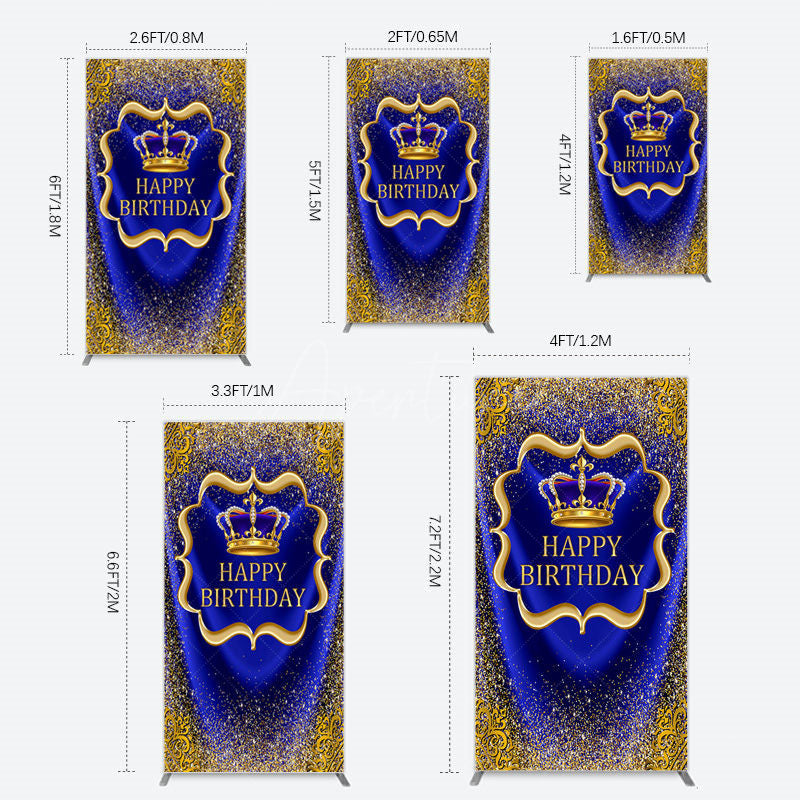 Aperturee - Aperturee Royal Blue Gold Glitter Crown Birthday Rectangle Backdrop