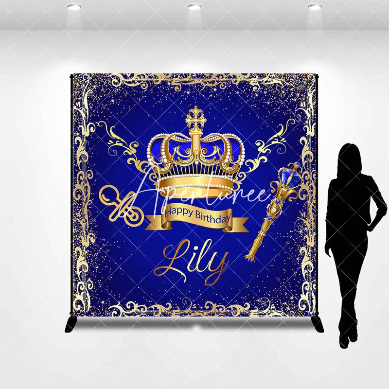 Aperturee - Aperturee Royal Blue Gold Glitter Crown Scepter Custom Birthday Backdrop Prince Baby Shower Party Decor
