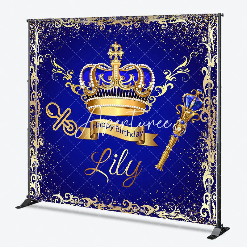 Aperturee - Aperturee Royal Blue Gold Glitter Crown Scepter Custom Birthday Backdrop Prince Baby Shower Party Decor