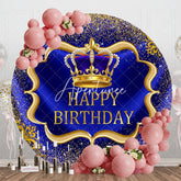 Aperturee - Aperturee Royal Blue Gold Glitter Round Happy Birthday Backdrop