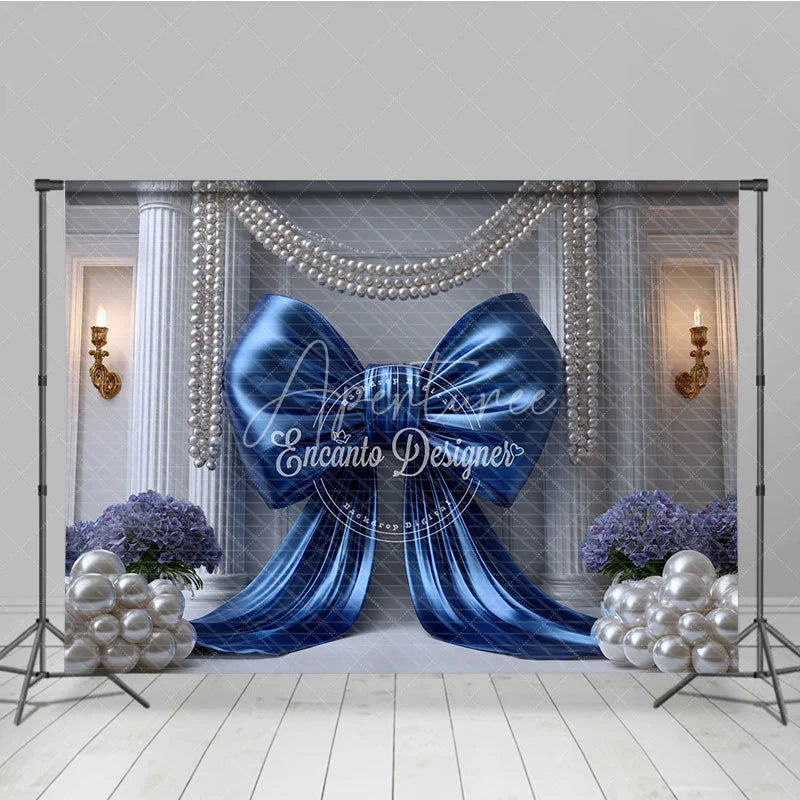 Aperturee - Aperturee Royal Blue Satin Bow and White Pearls Backdrop Elegant Wedding Column and Floral Photography Background