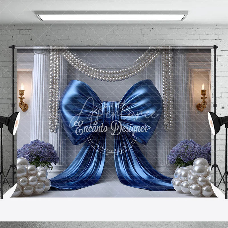 Aperturee - Aperturee Royal Blue Satin Bow and White Pearls Backdrop Elegant Wedding Column and Floral Photography Background