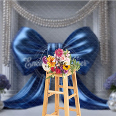 Aperturee - Aperturee Royal Blue Satin Bow and White Pearls Backdrop Elegant Wedding Column and Floral Photography Background