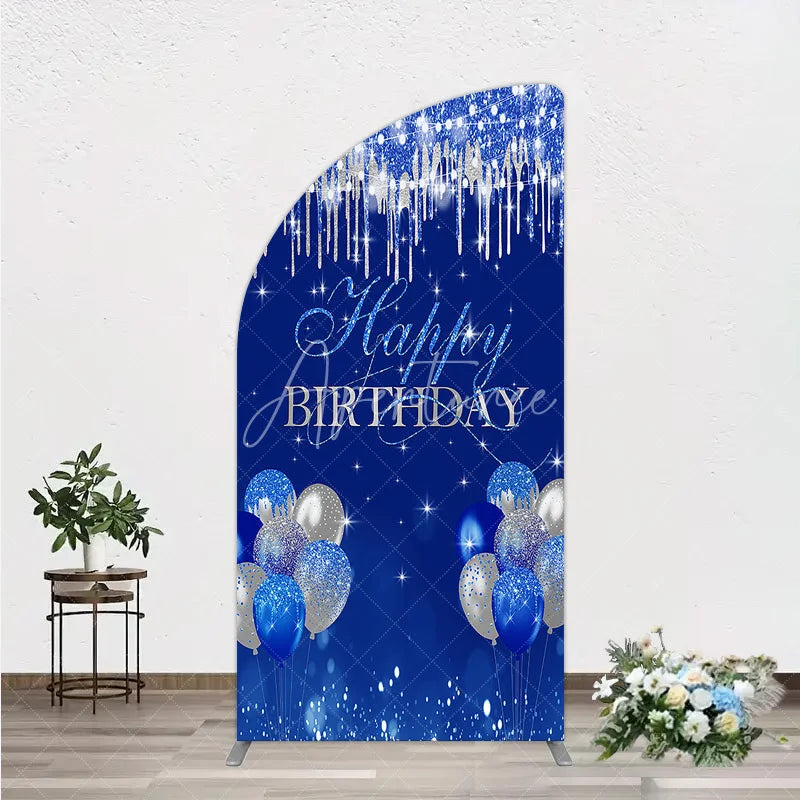 Aperturee - Aperturee Royal Blue Silver Glitter Drip Half Moon Arch Backdrop Happy Birthday Balloon Prop
