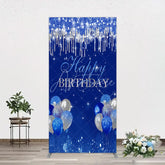 Aperturee - Aperturee Royal Blue Silver Glitter Drip Rectangle Backdrop Happy Birthday Balloon Prop