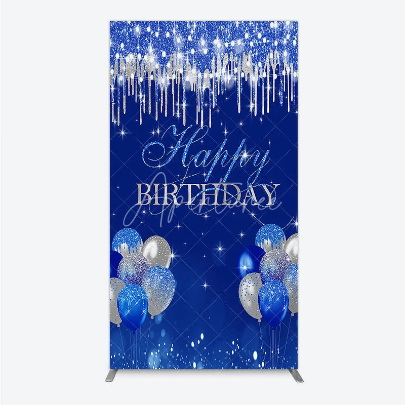 Aperturee - Aperturee Royal Blue Silver Glitter Drip Rectangle Backdrop Happy Birthday Balloon Prop