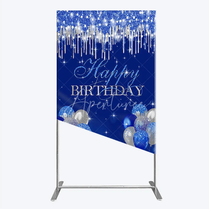 Aperturee - Aperturee Royal Blue Silver Glitter Drip Rectangle Backdrop Happy Birthday Balloon Prop