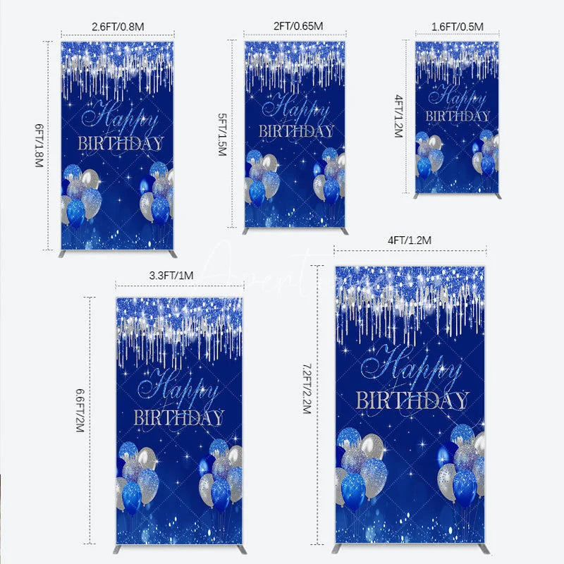 Aperturee - Aperturee Royal Blue Silver Glitter Drip Rectangle Backdrop Happy Birthday Balloon Prop