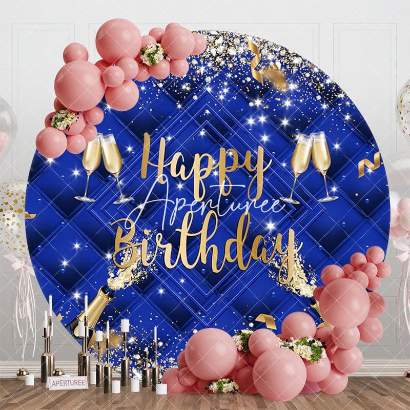 Aperturee - Aperturee Royal Blue Sparkle Champagne Round Birthday Backdrop