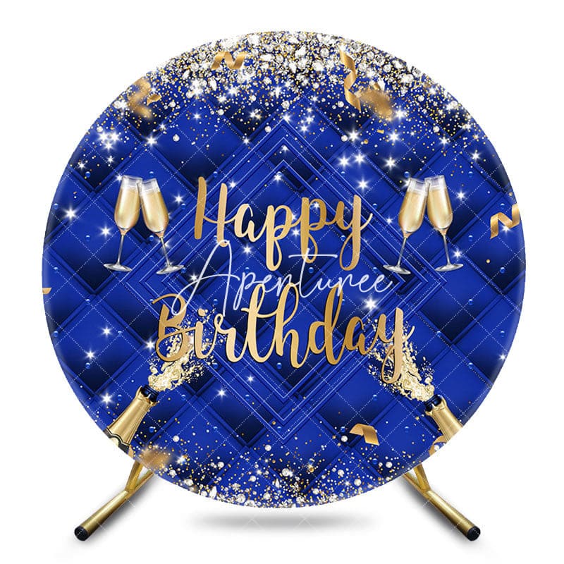 Aperturee - Aperturee Royal Blue Sparkle Champagne Round Birthday Backdrop