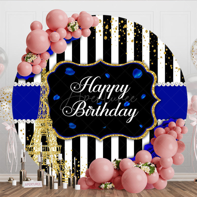 Aperturee - Aperturee Royal Blue Stripes Glod Tower Birthday Round Backdrop