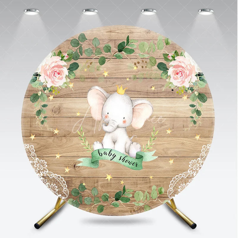 Aperturee - Aperturee Royal Elephant Wood Grain Round Backdrop Floral Baby Shower and Pink Rose Stars Party Decoration