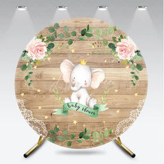 Aperturee - Aperturee Royal Elephant Wood Grain Round Backdrop Floral Baby Shower and Pink Rose Stars Party Decoration