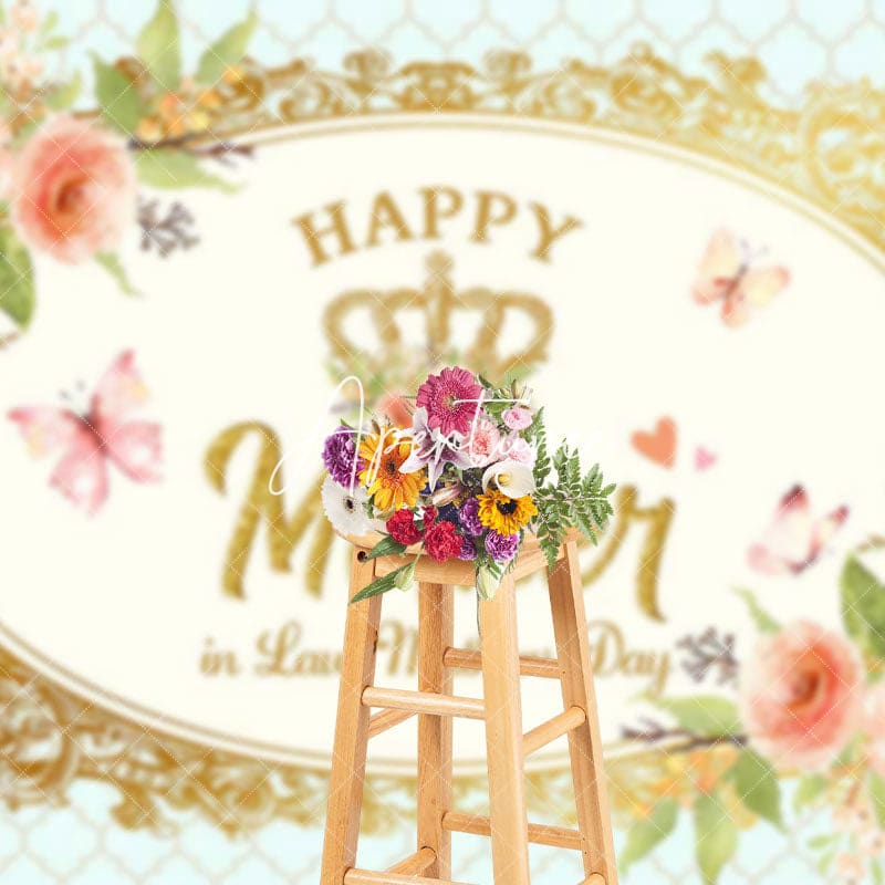 Aperturee - Aperturee Royal Gold Crown Floral Happy Mothers Day Backdrop