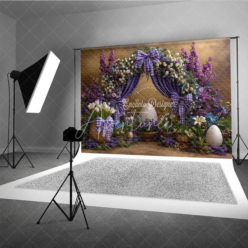 Aperturee - Aperturee Royal Purple Floral Easter Backdrop Elegant Arch and White Tulip Photography Background