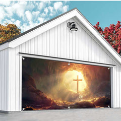 Aperturee - Aperturee Rugged Cave Sunrise Cross Easter Garage Door Banner