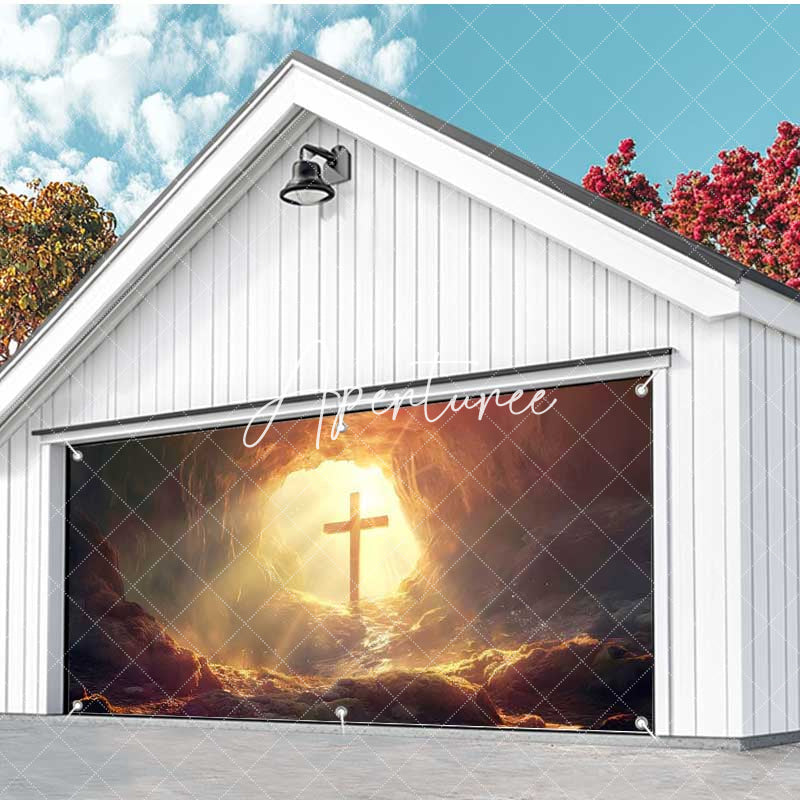 Aperturee - Aperturee Rugged Cave Sunrise Cross Easter Garage Door Banner