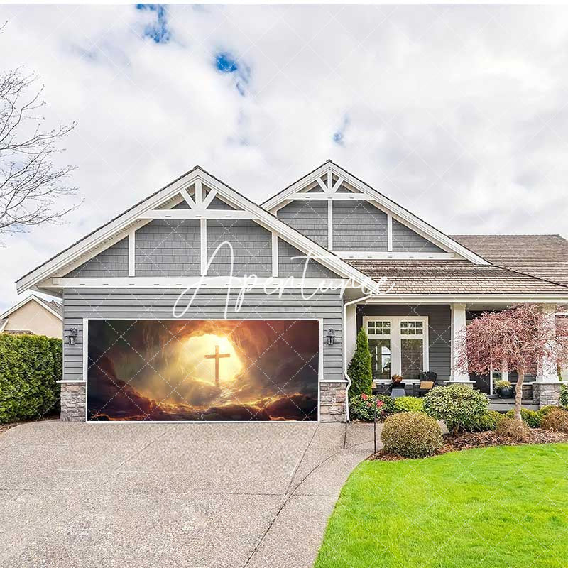 Aperturee - Aperturee Rugged Cave Sunrise Cross Easter Garage Door Banner