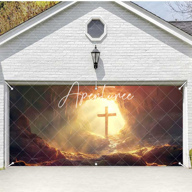 Aperturee - Aperturee Rugged Cave Sunrise Cross Easter Garage Door Banner